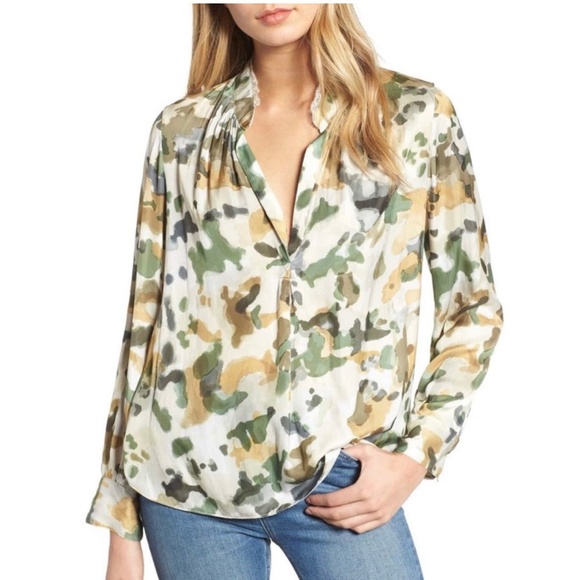 Zadig & Voltaire Tink Camou Blouse V-Neck Lace Trim Green Camo Top Medium M - Picture 1 of 8